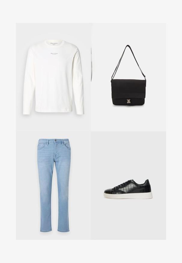 Långärmad vit bomullströja. Har en rundhals och liten svart logotext centrerad på bröstet. Mjukt tyg och avslappnad design.; Ljusblå jeans i denim, med rak bendesign, framfickor och knappstängning. Sliten textur längs tyget.; Svarta sneakers med en texturerad läderöverdels i krokodilprägling, rund tå och en kontrasterande vit gummisula med en slät yta.; Svart messenger väska i slät material med en vikbar klaff, silverfärgade spännen och justerbar axelrem.