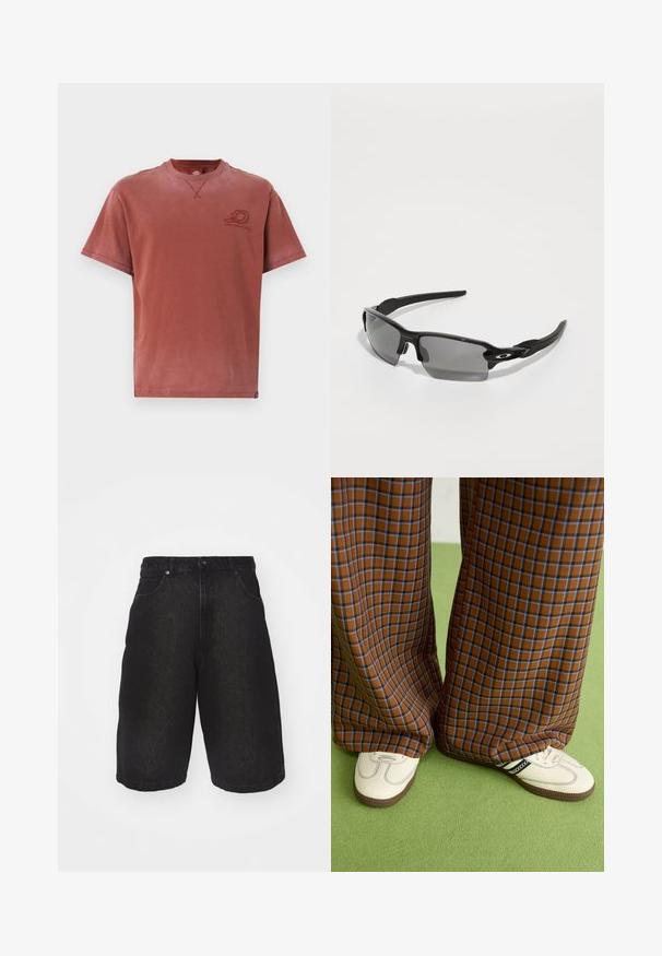 Īsām piedurknēm T-krekls ar apaļu kakla izgriezumu izbalinātā rūsas krāsā, izgatavots no mīkstas kokvilnas ar maigu logo printu uz krūtīm un redzamām šuvju detaļām.; Melnas denim šortus ar brīvu piegriezumu, ar augstu jostasvietu, piecām kabatām un nelielu izbalējumu. Izturīgs audums ar mīkstu tekstūru.; Brūni un zili rūtaini platās kājas bikses, kas savienotas ar baltām kurpēm ar melniem akcentiem un teksturētām zolēm, uz zaļa fona.; Melnas sporta saulesbrilles ar pelēkiem objektīviem, izliekta rāmja dizains un logo detaļa sānos. Izgatavotas no viegla plastmasas materiāla.