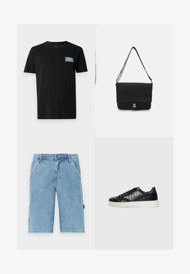 Camiseta negra de manga corta fabricada en tejido suave, con un parche rectangular azul que lleva el texto "DENIM TOM TAILOR" en el lado izquierdo del pecho.; Pantalones cortos de mezclilla azul claro con corte recto, que cuentan con bolsillos frontales y un bolsillo lateral tipo cargo, mostrando una textura desgastada y presillas para cinturón en la cintura.; Zapatillas negras con parte superior de cuero con textura de cocodrilo en relieve, puntera redondeada y una suela de goma blanca contrastante con un acabado suave.; Bolso mensajero negro hecho de material suave, con solapa plegable, herraje de cierre plateado y correa de hombro ajustable.