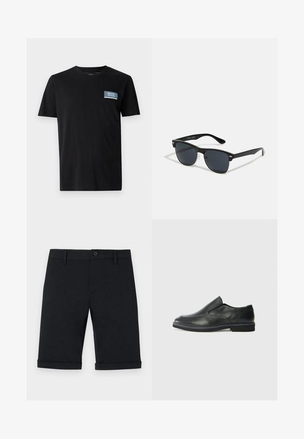 Čierne tričko s krátkym rukávom vyrobené z mäkkej látky, s modrým obdĺžnikovým nášivkom s textom "DENIM TOM TAILOR" na ľavej hrudi.; Čierne bavlnené šortky s gombíkovým zapínaním, s plochým predným dielom, prehnutými manžetami a zadnými vreckami. Hladká textura a priliehavý strih.; Čierny kožený nazúvací topánka s hladkým zvrškom, prešitými akcentmi, zaoblenou špičkou a nízkym gumovým podpätkom. Podošva má minimálny dezén.; Čierne slnečné okuliare s obdĺžnikovým tvarom, tmavými sklami, striebornými akcentmi na bočných okrajoch a matným povrchom rámu.