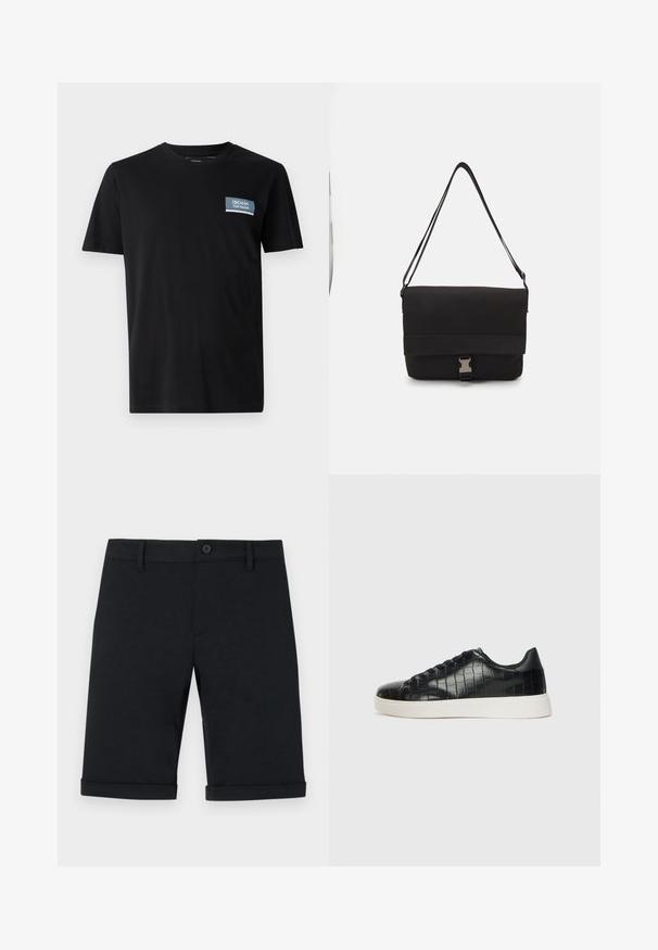 Camiseta negra de manga corta fabricada en tejido suave, con un parche rectangular azul que lleva el texto "DENIM TOM TAILOR" en el lado izquierdo del pecho.; Pantalones cortos de algodón negros con cierre de botón, que presentan un frente plano, puños doblados y bolsillos traseros. Textura suave y ajuste a medida.; Zapatillas negras con parte superior de cuero con textura de cocodrilo en relieve, puntera redondeada y una suela de goma blanca contrastante con un acabado suave.; Bolso mensajero negro hecho de material suave, con solapa plegable, herraje de cierre plateado y correa de hombro ajustable.