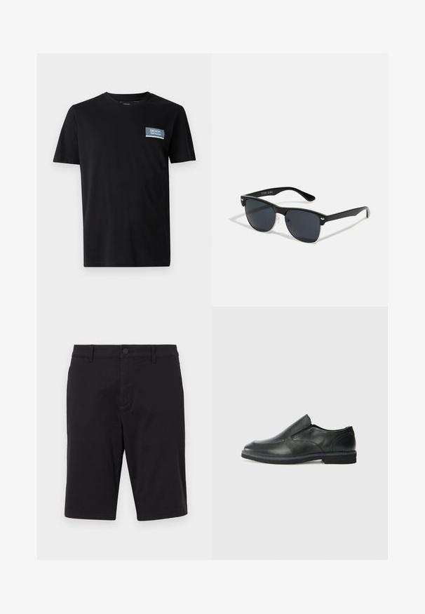 Črna majica s kratkimi rokavi, izdelana iz mehkega blaga, z modrim pravokotnim križem z napisom "DENIM TOM TAILOR" na levi strani prsnega koša.; Črne kratke hlače iz lahkega materiala. Imajo gumbno zapiranje, pasne zanke, dva stranska žepa in raven kroj.; Črne usnjene natikače z gladkim zgornjim delom, prišitimi detajli, zaobljenim nosom in nizkim gumijastim petkom. Podplat ima minimalen profil.; Črne sončne naočare pravokotne oblike, temna leča, srebrni detajli na ušesih in mat površina na okvirju.