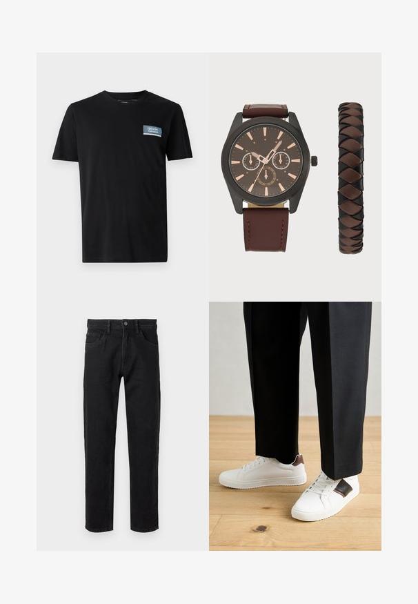 Musta lyhythihainen t-paita, joka on valmistettu pehmeästä kankaasta. T-paidassa on vasemmassa rinnassa sininen suorakulmainen merkki, jossa on teksti "DENIM TOM TAILOR".; Mustat farkut suoranlahkeisella leikkauksella, viiden taskun muotoilulla ja metallinappikiinnityksellä. Suoraviivainen pinta, jossa on minimaalista kulumista.; Valkoiset tennarit, joissa on sileä pinta, ruskealla nahka-akentilla ja mustilla yksityiskohdilla, yhdistetty mustiin räätälöityihin housuihin. Taustalla puulattia.; Pier One SET - Rannekello - black/brown