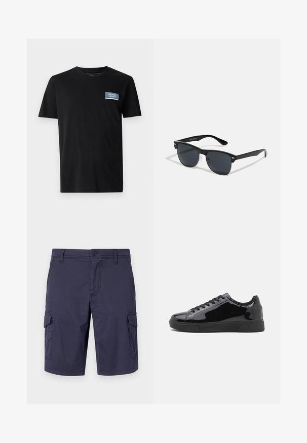 T-shirt nero a maniche corte realizzato in tessuto morbido, con una toppa rettangolare blu recante la scritta "DENIM TOM TAILOR" sul lato sinistro del petto.; Pantaloni cargo blu navy realizzati in tessuto resistente, con tasche laterali, chiusura a bottone e finitura testurizzata.; Sneakers in vernice nera con punta tonda, suola piatta in gomma e lacci neri. Superficie superiore liscia e lucida.; Occhiali da sole neri con forma rettangolare, lenti scure, dettagli in argento alle tempie e finitura opaca sulla montatura.