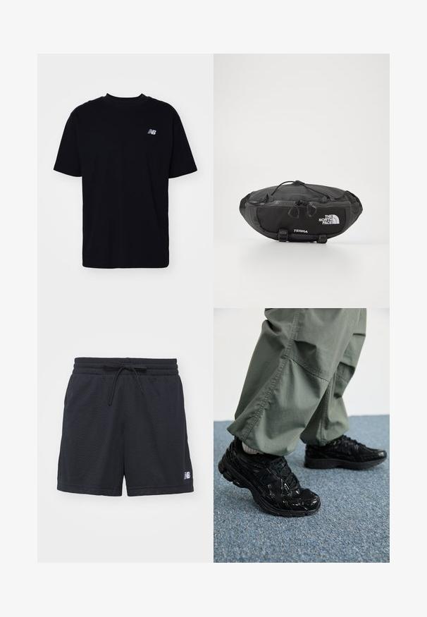 Must musta T-särk ümmarguse kaeluse, lühikeste varrukate ja väikese reljeefse logoga vasakul rinnal. Klassikaline lõige ja sile tekstuur.; Mustast võrkkangast sportlikud lühikesed püksid, millel on elastne vöökoht ja nöör, ning väike valge logo alumises paremas nurgas.; Mustad mustad jooksukingad läikiva ja võrgumaterjaliga tekstuuriga, paksu tallaga ja paeltega, koos lodevate oliiviroheliste cargo-pükstega.; The North Face TERRA LUMBAR 3L UNISEX - Puusakott - asphalt grey/black
