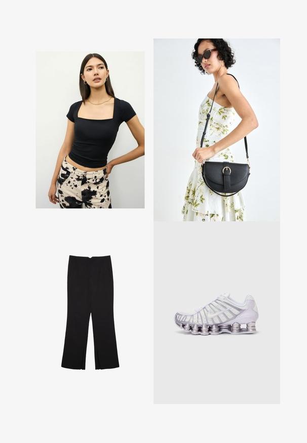 Črna oprijeta majica s kvadratnim izrezom in kratkimi rokavi. V kombinaciji z visokim pasom hlačami z vzorcem črne in kremne kapljice.; Črne hlače ravnega kroja z naglavnimi žepi in stranskimi razporki na robu. Narejene iz mehke, gladke tkanine. Primerne za različne priložnosti.; Bele in vijolične športne čevlje z mrežno zgornjico, značilnim valovnim dizajnom in velikimi okroglimi blažilnimi podporniki v podplatu.; Črna usnjena torbica s ukrivljeno obliko, z odstranljivo naramnico in zlatimi dodatki. Torbica ima pokrov s podrobnostmi v obliki zaponke.