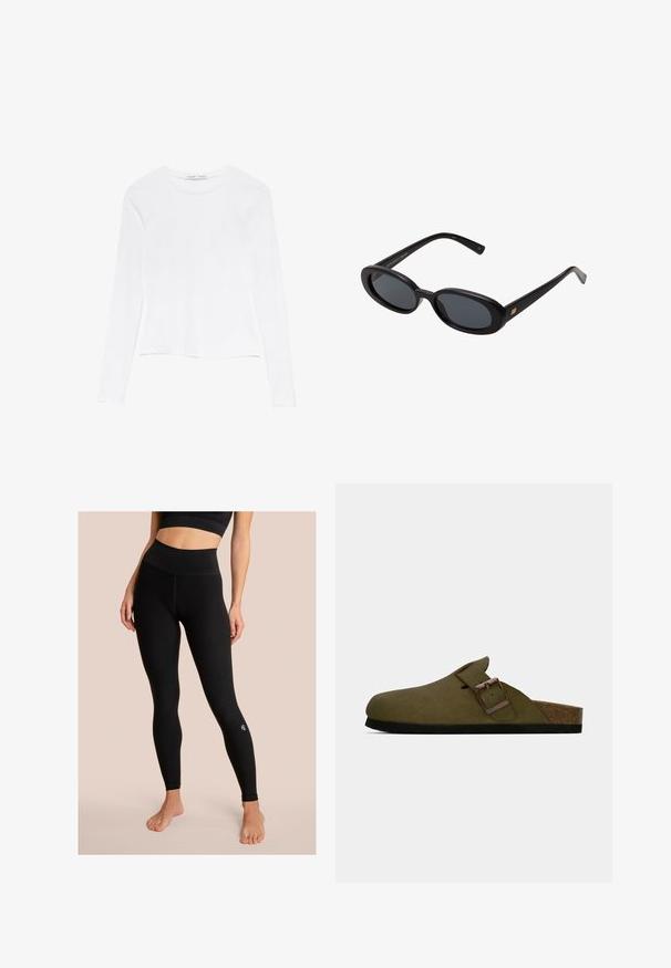 Maglietta bianca a maniche lunghe con scollatura rotonda. Presenta un design aderente, una texture di tessuto liscia e un orlo leggermente accorciato.; Leggings neri a vita alta realizzati in tessuto elastico, con un design senza cuciture e un piccolo logo sulla parte inferiore della gamba sinistra.; Zoccolo verde oliva con cinturino regolabile ampio e fibbia bronzea, soletta in sughero e suola in gomma nera.; Occhiali da sole neri oversize con lenti ovali, montatura in plastica liscia e accenti dorati sulle tempie. Le lenti scure offrono protezione dal sole.