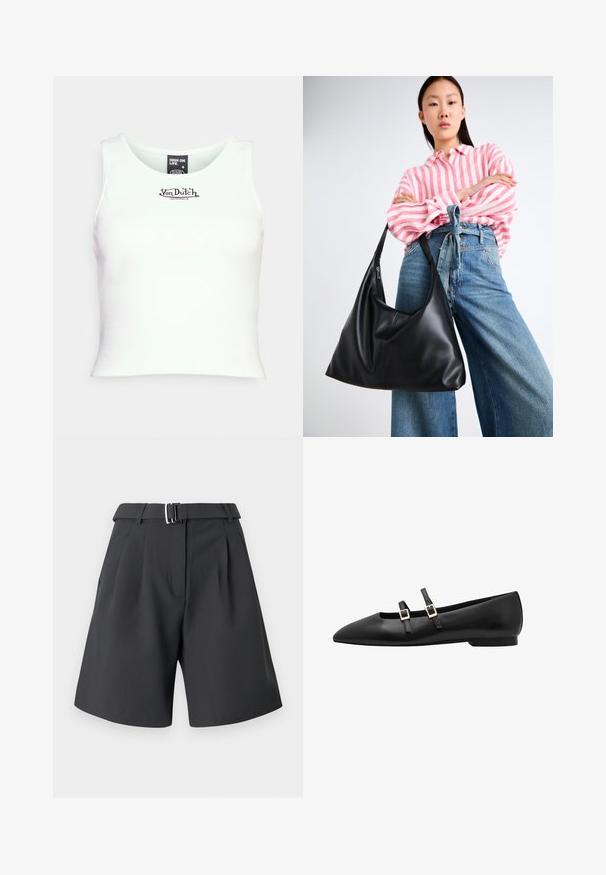 Bílý pruhovaný crop top s kulatým výstřihem a černým logem "Von Dutch" uprostřed. Vyrobeno z pružné bavlněné směsi.; Tmavě šedé šortky z hladkého materiálu, s plisovaným předním dílem, vyznačeným pasem se metalickou přezkou a bočními kapsami.; Černé kožené ploché boty s špičatou špičkou, které mají dva černé popruhy a zlaté čtvercové přezky. Hladký povrch a nízký profil podešve.; Černá kožená taška přes rameno se uvolněným tvarem a švy. Model na sobě má růžovo-bílý pruhovaný top a široké modré džíny.