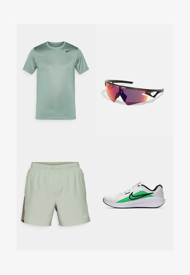 Vihreä Nike T-paita, lyhyet hihat, pyöreä kaula-aukko, sileä pinta, hienovarainen gradientti ja musta swoosh-logo vasemmassa olkapäässä.; Nike Performance CHALLENGER - Urheilushortsit - jade horizon/medium olive/black/reflective silver; Valkoinen urheilukenkä, jossa on vihreä yksityiskohta, musta logo, verkkomateriaali päälliosassa, pehmustettu pohja ja pyöreä korko. Sisältää nauhat ja kontrastiväriä.; Urheilulasit mustalla kehykset, violetit ja oranssit peilipinnat, aerodynaaminen muotoilu ja erottuvat leikkaukset.