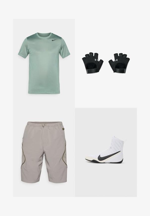 Ljusgrön Nike T-shirt, korta ärmar, rund hals, jämn textur, med en subtil gradient och svart swoosh-logotyp på vänster axel.; Beiga shorts med en strukturerad mönster, elastisk midjeband, dragsnod och sidodetaljer. Innehåller meshpaneler för andningsförmåga.; Nike träningsskor i vitt med en svart swoosh. Har en hög design, texturerad ovandel och en hållbar gummisula.; Svarta, fingerlösa träningshandskar med justerbart handledsband. Har strukturerat grepp och en framträdande logotyp på baksidan. Hållbart material.