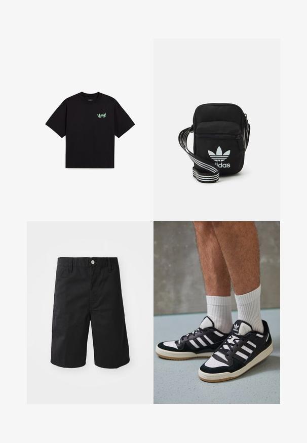 Black cotton t-shirt with short sleeves. Features a green logo on the left chest area. Classic crew neck design.; Black cotton shorts featuring a straight cut, belt loops, a metal button closure, and no visible patterns or accents.; Black and white sneakers with a suede and leather upper, featuring three white stripes, a perforated toe, and a gum rubber sole.; Black fabric crossbody bag with a zipper closure, featuring a white Adidas logo and a striped adjustable strap for easy carrying.