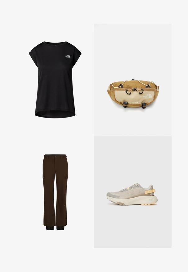 Zwarte korte mouwen t-shirt gemaakt van zachte stof. Heeft een ronde halslijn en een logo gedrukt op de borst. Ontspannen, iets losse pasvorm met een gebogen zoom.; Bruine cargobroek van duurzaam materiaal, met meerdere zakken, een knoopsluiting en elastische boorden bij de enkels.; Lichtbeige hardloopschoen met een gestructureerde mesh bovenkant, grijze accenten, duurzame rubberen zool en een achterste trekhaak voor gemakkelijk aan- en uittrekken.; The North Face TERRA LUMBAR 3L UNISEX - Heuptas - utility brown/khaki stone