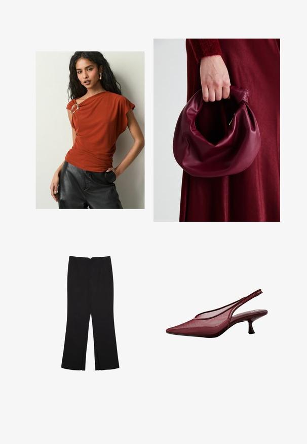 Rostfarbendes T-Shirt mit drapiertem Stoff, asymmetrischem Ausschnitt und einem dekorativen goldfarbenen Broschen-Detail an einer Schulter. Kombiniert mit schwarzen Hosen.; Schwarze Hose mit geradem Schnitt, ausgestattet mit Fronttaschen und Seitenschlitzen am Saum. Hergestellt aus weichem, glattem Stoff. Geeignet für verschiedene Anlässe.; Burgunderfarbene Slingback-Pumps mit spitzer Zehe und Mesh-Obermaterial. Verfügen über einen schlanken Absatz und ein Ausschnittdesign, das eine elegante Silhouette bietet.; Burgunderleder-Handtasche mit einem weichen, gerafften Design und einer gerundeten Form. Der Griff ist gesichert und zeigt eine glatte Textur.