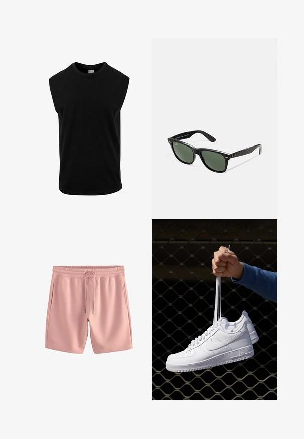 Mustat hihattomat t-paidat, jotka on valmistettu puuvillasta, pyöreällä kaula-aukolla ja sileällä pinnalla suoran leikkauksen kanssa. Ei näkyviä kuvioita.; Vaaleanpunaiset shortsit ovat pehmeää kangasta, joissa on joustava vyötärö ja säädettävä nyöri. Mukana on kaksi sivutaskua ja rento istuvuus.; Valkoiset nahkasneakersit, joissa on rei'ityksiä, pyöreä kärki, tasapohja ja paksut nauhat, joissa on näkyvä swoosh-logo ja "AIR" kantapäässä.; Mustat muoviset aurinkolasit, joissa on vihreät linssit, neliönmuotoiset kehykset, hopeinen yksityiskohta kulmakarvojen kohdalla sekä tekstuuriset temppeleiden varret. Brändi ilmoitettu sisävarsissa.