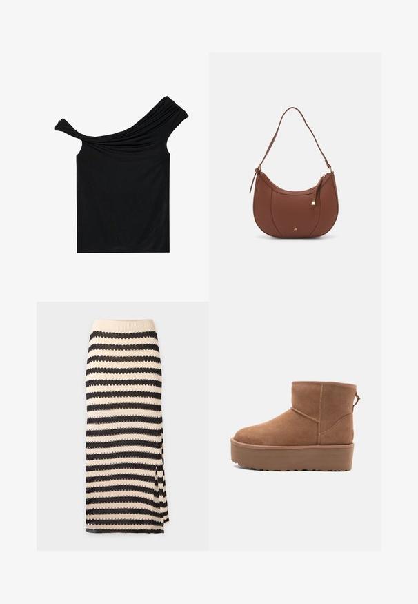 Zwarte off-shoulder top van een zachte stof. Heeft gedraaide details bij de halslijn en een strakke pasvorm.; Gebreide kokerrok met horizontale zwart en beige strepen, een golvende textuur en een zijsplit voor extra detail.; Tan suède enkellaars met een platformzool, ronde neus en stiksels; heeft een trekband aan de achterkant voor gemakkelijke instap.; Bruine faux leren schoudertas met een gebogen vorm, minimale stiksels en een gouden hardware-accent. Voorzien van een bovenste ritsluiting en een verstelbare schouderband.