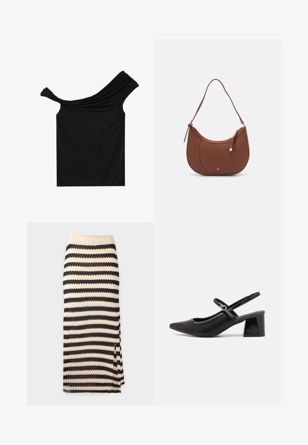 Juodas off-shoulder marškinėlis pagamintas iš minkštos medžiagos. Yra su susuktos detalės apykaklėje ir prigludusia siluetu.; Apskritas pieštukų sijonas, pagamintas iš nertų juodų ir smėlio spalvos horizontalių juostų, su banguota tekstūra ir šonine iškirpte, suteikiančia papildomo akcento.; Juodi patentinio odos slingback aukštakulniai su smailiu pirštu, apvaliu išpjovimu ir blokiniu kulnu. Papuošti auksiniu juostos akcentu.; Ruda dirbtinės odos petinė piniginė su kreiva forma, minimalia siuvimo linija ir auksinės spalvos įranga. Yra užtrauktuko uždarymas viršuje ir reguliuojama petneša.