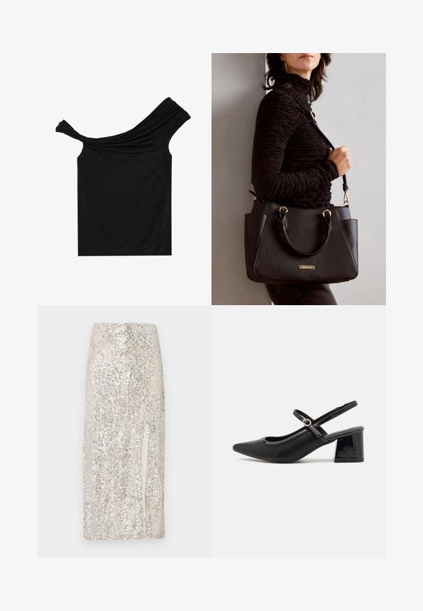 Zwarte off-shoulder top van een zachte stof. Heeft gedraaide details bij de halslijn en een strakke pasvorm.; Creme midi-rok met pailletten, voorzien van een split aan één kant. Heeft een zachte textuur en een getailleerde pasvorm.; Zwarte gepolijste leren slingback hakken met een spitse neus, een ronde uitsnede en een blokhak. Voorzien van een gouden gespaccent.; Zwarte handtas met gestructureerd oppervlak, dubbele bovenhandvatten en verstelbare schouderriem. Voorzien van goudkleurige hardware en zijzakken.