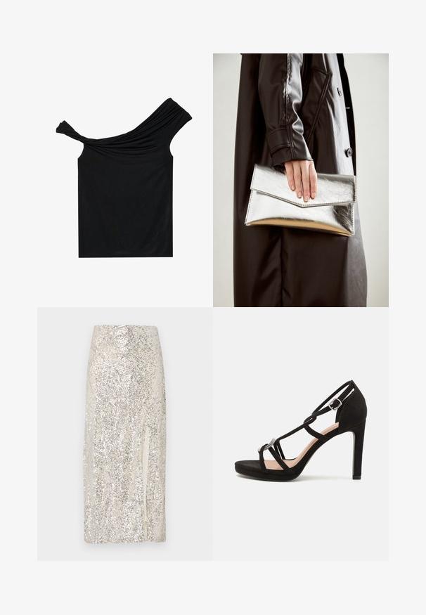 Black off-shoulder top made from a soft fabric. Features twisted detailing at the neckline and a fitted silhouette.; Sequin-embellished midi skirt in cream with a slit on one side. Features a smooth texture and a fitted silhouette.; Black suede high-heeled sandal with crisscross straps, a decorative silver-tone accent, and a platform sole for added height.; Silver metallic clutch with an angular envelope design, smooth texture, and contrasting interior color, held in a hand wearing a black coat.