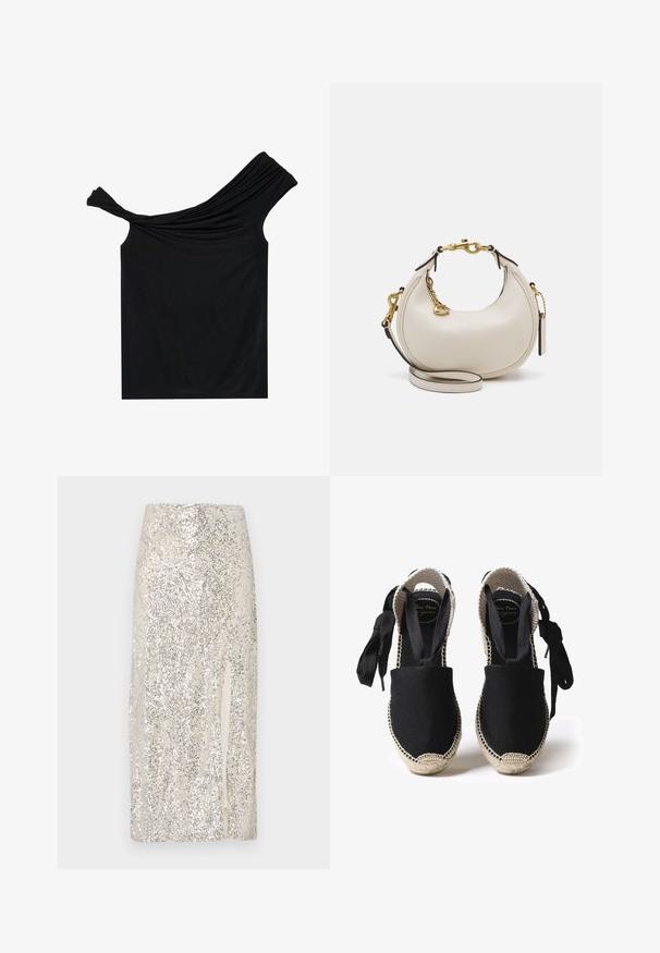 Černý top s odkrytými rameny vyrobený z měkké látky. Má propletené detaily na výstřihu a přiléhavý střih.; Krémová midi sukně zdobená flitry s rozparkem na jedné straně. Disponuje hladkým povrchem a přiléhavým střihem.; Černé plátěné espadrilky s jutovou podrážkou a tkanými okraji. Zavazování z toho samého černého materiálu pro nastavitelné uchycení. Design se zakrytými prsty.; Krémová kožená kabelka s půlměsíčním tvarem, zlatými kovovými detaily, černými akcenty a odnímatelným popruhem. Obsahuje řetízkový detail a visačku.