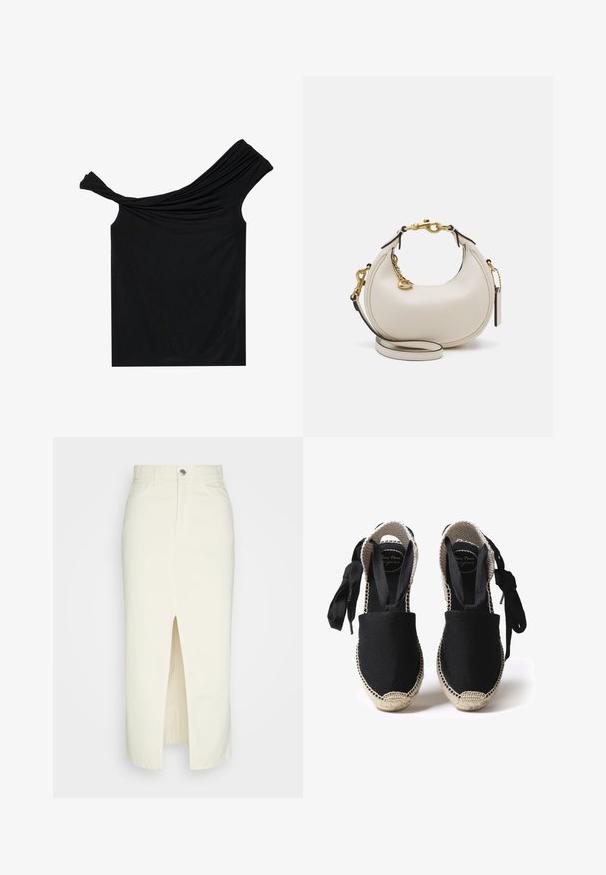 Čierny top bez ramienok vyrobený z mäkkej tkaniny. Má skrútené detaily pri výstrihu a priliehavý strih.; Biely džínsový midi sukňa s predným rozparkom, dizajnom s piatimi vreckami a kovovým zapínaním. Hladký povrch, vysoko posadený pás, rovný strih.; Čierne plátenné espadrilky s jútovou podrážkou a tkanými okrajmi. Tiesne uväzovanie z rovnakého čierneho materiálu pre nastaviteľné prispôsobenie. Uzavretý špičkový dizajn.; Krémy kožená kabelka v polmesiacom tvare, so zlatou hardvérou, čiernymi akcentmi a odnímateľným popruhom. Obsahuje reťazový detail a tag.