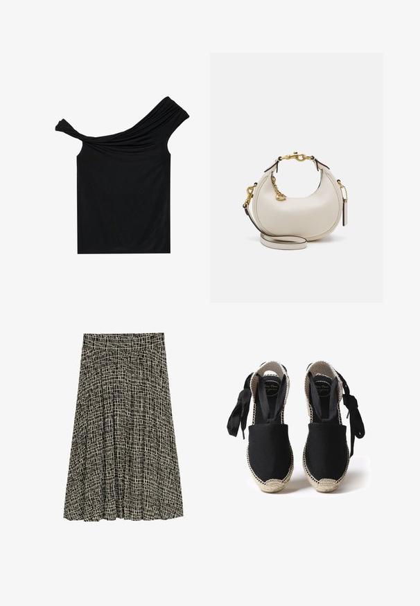 Black off-shoulder top made from a soft fabric. Features twisted detailing at the neckline and a fitted silhouette.; TOM TAILOR Maxi skirt - abstract black grid design; Black canvas espadrilles featuring a jute sole and woven edges. Ties made of the same black fabric for adjustable fit. Closed-toe design.; Cream leather handbag with a crescent shape, gold hardware, black accents, and a removable strap. Features a chain detail and tag.