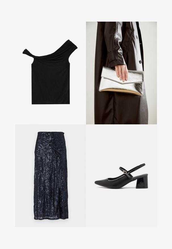 Černý top s odkrytými rameny vyrobený z měkké látky. Má propletené detaily na výstřihu a přiléhavý střih.; Námořnická midi sukně s flitry a hladkým povrchem, s přiléhavým pasem a mírným rozšířením ve spodní části. Vzory vytvářejí odrazové motivy.; Černé lakované lodičky s otevřenou patou, špičatou špičkou, zaobleným střihem a blokovým podpatkem. Zdobené akcentem v zlatém tónu.; Stříbrná metalická kabelka ve tvaru klínového obálkového designu, hladké textury a s kontrastní barvou uvnitř, držena v ruce s černým kabátem.