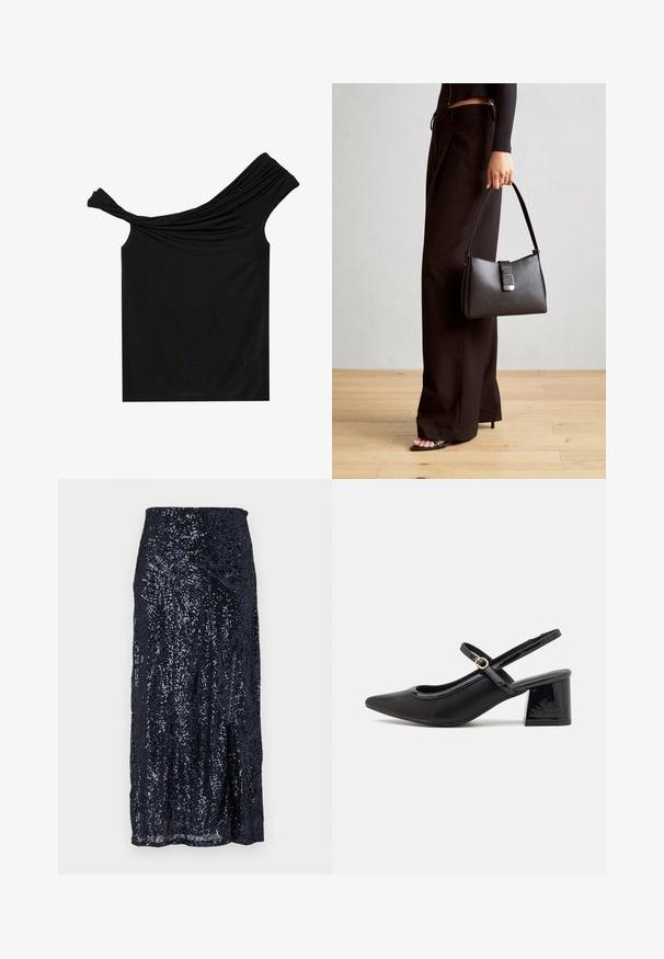 Svart avtakbar topp laget av et mykt stoff. Har vridd detaljering ved halslinjen og en tettsittende silhuett.; Mørkeblå paljett midi-skjørt med en glatt tekstur, med en tettsittende midje og en lett utvidelse ved kanten. Designene skaper reflekterende mønstre.; Sorte lakk lær slingback hæler med spiss tå, et avrundet utskjæringsdesign og blokkheel. Har en gulltone spenne som detalj.; Svart håndveske med strukturert form, jevn tekstur og metallisk lås. Kombinert med brede svarte bukser og sandaler med åpen tå på tregulv.