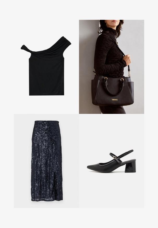 Svart avtakbar topp laget av et mykt stoff. Har vridd detaljering ved halslinjen og en tettsittende silhuett.; Mørkeblå paljett midi-skjørt med en glatt tekstur, med en tettsittende midje og en lett utvidelse ved kanten. Designene skaper reflekterende mønstre.; Sorte lakk lær slingback hæler med spiss tå, et avrundet utskjæringsdesign og blokkheel. Har en gulltone spenne som detalj.; Svart håndveske med teksturert overflate, doble topphåndtak og justerbar skulderrem. Har detaljer i gulltone og sidelommer.