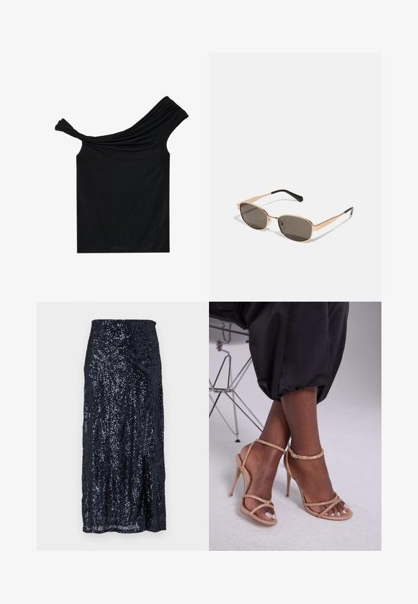 Juodas off-shoulder marškinėlis pagamintas iš minkštos medžiagos. Yra su susuktos detalės apykaklėje ir prigludusia siluetu.; Jūrinio tono pailgas sijonas su blizgučiais, turintis lygų paviršių, su prigludusia juosmens dalimi ir šiek tiek išplatėjimu sijono gale. Dizainas sukuria atspindinčias formas.; Bežiniai aukštakulniai sandalai su kristalų dekoracijomis, atviru pirštu, plonomis juostelėmis ir elegantiška siluetu.; Stačiakampiai saulės akiniai su auksiniu metaliniu rėmu ir tamsiais objektyvais. Papildyti plonomis juodomis šakomis, išsiskiriančiais minimalizmo dizainu.; Kreminės odos rankinė pusmėnulio formos, su auksiniais aksesuarais, juodais akcentais ir nuimamu dirželiu. Yra grandinėlės detalė ir etiketė.