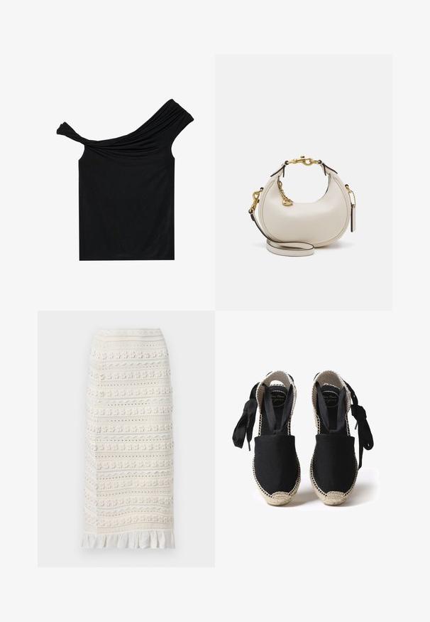 Schwarzes, schulterfreies Oberteil aus einem weichen Stoff. Mit gedrehten Details am Ausschnitt und einer figurbetonten Silhouette.; sandro JUPE MIDI DETAILS - Bleistiftrock - ecru; Schwarze Leinensandalen mit Jutesohle und gewebten Kanten. Schnürsenkel aus demselben schwarzen Material für eine verstellbare Passform. Geschlossene Zehenform.; Cremfarbene Lederhandtasche in Mondform, mit goldenen Akzenten, schwarzen Details und einem abnehmbaren Gurt. Sie verfügt über eine Kettendetail und einen Anhänger.