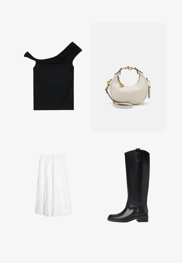 Zwarte off-shoulder top van een zachte stof. Heeft gedraaide details bij de halslijn en een strakke pasvorm.; Witte gelaagde rok van lichtgewicht stof. Voorzien van kantaccenten en een elastische tailleband. Vloeiende pasvorm met een middellange snit.; Zwarte kniehoge laarzen van glad synthetisch materiaal. Met een ronde neus, lage blokhak en verticale naaddetails.; Crème leren handtas met een halve maan vorm, gouden hardware, zwarte accenten en een afneembare schouderband. Heeft een kettingdetail en label.; Goudkleurige oorbellen set met drie paar: textuur ovalen studs, golvende ontwerp studs en grote ring oorbellen met gelaagde ribbels.