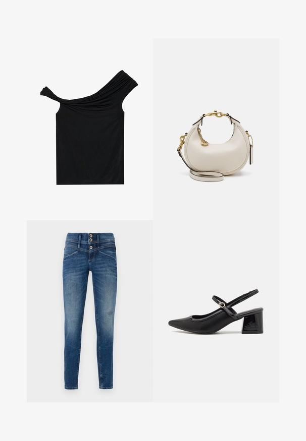 Blusa negra sin hombros hecha de una tela suave. Presenta un detalle retorcido en el escote y una silueta ajustada.; Jeans ajustados en denim azul oscuro con un acabado desgastado, que presentan una cintura alta, cierre de dos botones y detalles desgastados en las piernas.; Tacones slingback de charol negro con punta afilada, un diseño de corte redondeado y tacón bloque. Incluye un detalle de hebilla en tono dorado.; Bolso de mano de cuero crema con forma de media luna, herrajes dorados, acentos negros y una correa desmontable. Cuenta con un detalle de cadena y una etiqueta.