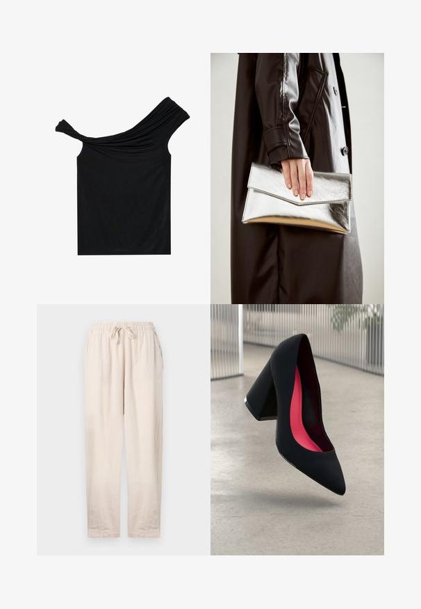 Black off-shoulder top made from a soft fabric. Features twisted detailing at the neckline and a fitted silhouette.; Beige linen pants with an elastic waistband and drawstring. Features two side pockets and a relaxed fit with straight legs.; Black high heel shoe with a pointed toe, textured surface, and a vibrant pink interior. Features a chunky heel with silver accent.; Silver metallic clutch with an angular envelope design, smooth texture, and contrasting interior color, held in a hand wearing a black coat.