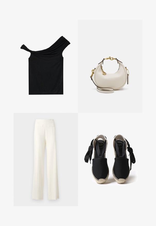 Črna top brez naramnic, narejen iz mehkega materiala. Ima zvite detajle na izrezu in prilegajočo silhueto.; Široke hlače v ivorijevi barvi z teksturirano tkanino, ki vsebuje subtilne vertikalne črtice in dve zadnji žep.; Črne kanvas espadrile s juto podplatom in tkani obrobi. Zaveze iz iste črne tkanine za prilagodljivo prileganje. Oblika z zaprtimi prsti.; Krema usnjena torbica v obliki polm curate, z zlatimi dodatki, črnimi detajli in odstranljivim trakom. Ima verižni detajl in oznako.