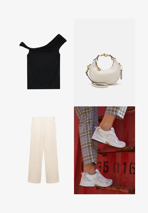 Top negru fără umeri, realizat dintr-un material moale. Prezintă detalii răsucite la gât și o siluetă ajustată.; Mango Pantaloni - mottled beige; Adidași albi din plasă cu accente argintii și o talpă texturată, așezați pe o suprafață roșie, asociați cu pantaloni în carouri.; Geantă de mână din piele crem, cu o formă de semilună, accesorii aurii, accente negre și o curea detașabilă. Are un detaliu cu lanț și eticheta.