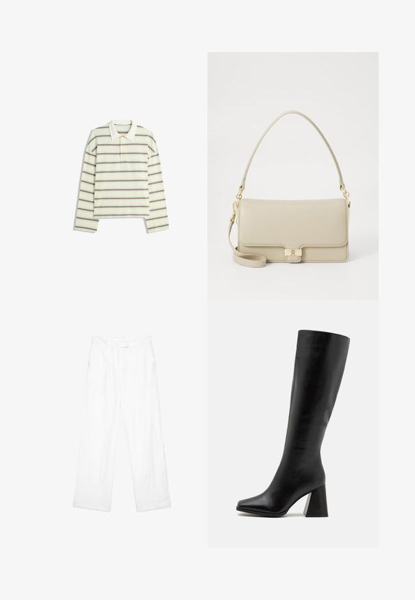 Langærmet polo-shirt i creme med horisontale striber i brun og lyseblå. Har en klassisk krave og en tre-knaps knapliste.; Hvide linnedbukser med en løs pasform, der har et lige ben design, frontlommer og en flad talje. Glat tekstur hele vejen igennem.; Sort knæhøje støvler lavet af glat læder, med firkantet tå og en kraftig, tekstureret hæl. Simpelt og strømlinet design.; Beige læderhåndtaske med en struktureret form, guldhardwarelås og en aftagelig skulderrem. Glat tekstur og minimalistisk design.