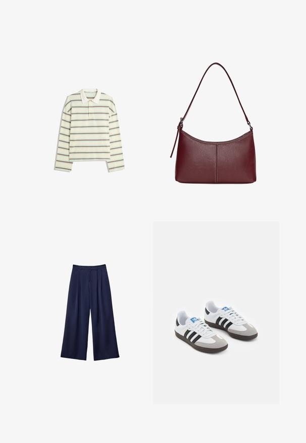 Polo majica s dolgimi rokavi v kremni barvi s prosojnimi črtami v rjavi in svetlo modri barvi. Ima klasičen ovratnik in zaponko s tremi gumbi.; Mornarsko modri široki hlače z naborki, gumbi v pasu in zankami za pas, prikazane na ravni beli ozadju.; Športni čevlji z belim usnjenim zgornjim delom, sivim semišem na prstih in tremi črnimi črtami. Imajo modro logo na jeziku in teksturiran gumijast podplat.; Bordo usnjeni ročni torbici s ukrivljeno obliko, enim ramenskim trakom in šivanjem na sredini. Gladka tekstura, minimum kovinskih dodatkov.