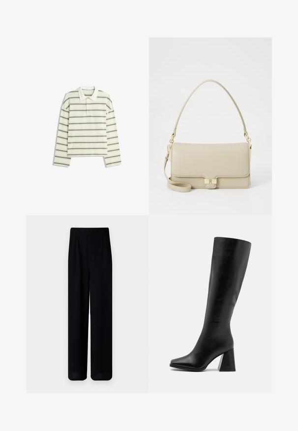 Lange mouwen polo shirt in crème met horizontale strepen in bruin en lichtblauw. Heeft een klassieke kraag en een knoopsluiting met drie knopen.; Vero Moda Petite VMLIVA SUPER WIDE PANTS - Broek - black; Zwarte kniehoge laars van gladleer, met een vierkante punt en een chunky, gestructureerde hak. Eenvoudig en gestroomlijnd ontwerp.; Beige leren handtas met een gestructureerde vorm, gouden sluiting en een afneembare schouderband. Gladde textuur en minimalistisch ontwerp.