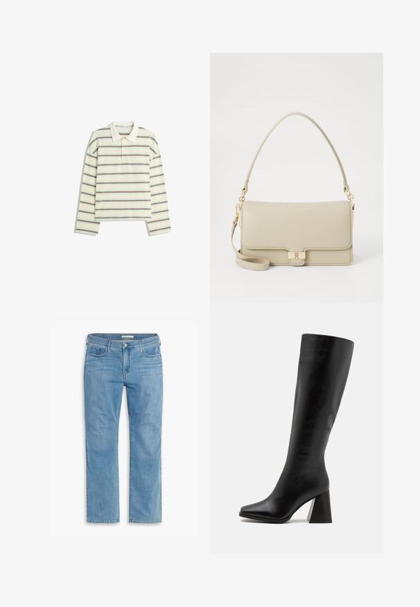 Long-sleeve polo shirt in cream with horizontal stripes in brown and light blue. Features a classic collar and three-button placket.; Light blue straight-leg jeans with five pockets, button closure, and belt loops, made from denim with a soft texture and subtle fading.; Black knee-high boot made of smooth leather, featuring a square toe and a chunky, textured heel. Simple and streamlined design.; Beige leather handbag with a structured shape, gold hardware clasp, and a detachable shoulder strap. Smooth texture and minimalistic design.