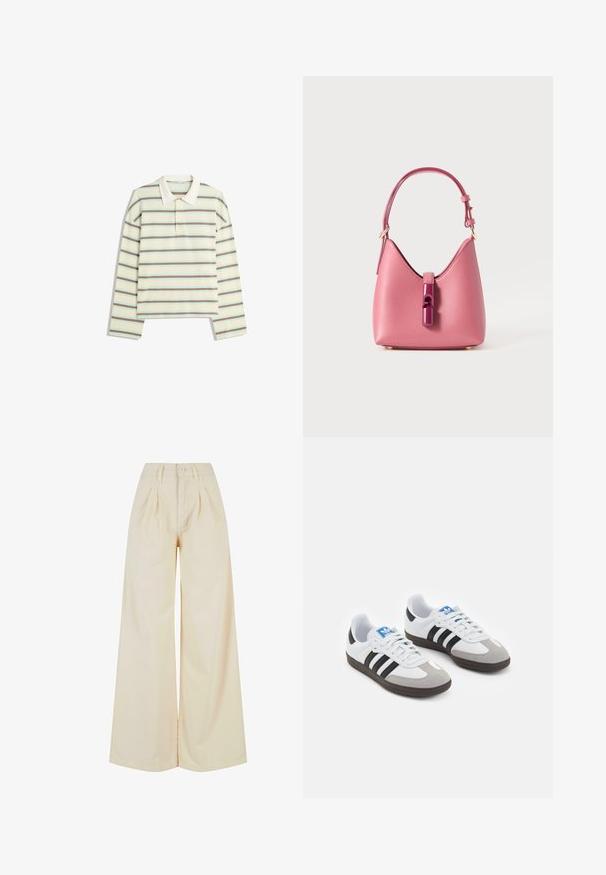 Long-sleeve polo shirt in cream with horizontal stripes in brown and light blue. Features a classic collar and three-button placket.; Beige wide-leg trousers with a high waist, featuring a button closure and pleat details. Smooth fabric with a soft texture.; Sport shoes with a white leather upper, gray suede toe, and three black stripes. Features a blue logo on the tongue and a textured rubber sole.; Pink leather handbag with a structured shape, featuring a glossy accent closure and a single adjustable strap. Textured finish with gold hardware.