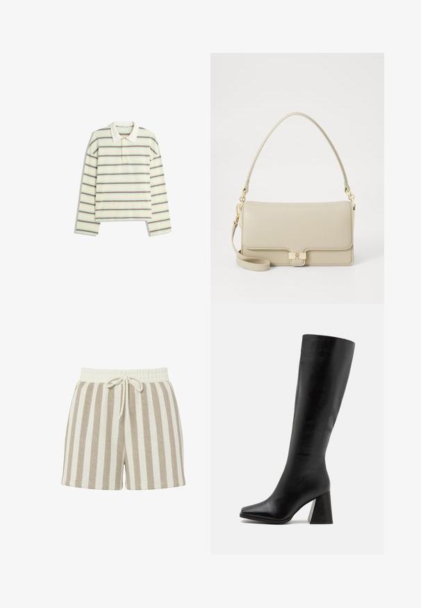 Lange mouwen polo shirt in crème met horizontale strepen in bruin en lichtblauw. Heeft een klassieke kraag en een knoopsluiting met drie knopen.; Gestreepte shorts van een zachte, textuurstof. Heeft een beige en crèmekleurige tailleband met trekkoord, met verticale strepen in lichte en donkere tinten.; Zwarte kniehoge laars van gladleer, met een vierkante punt en een chunky, gestructureerde hak. Eenvoudig en gestroomlijnd ontwerp.; Beige leren handtas met een gestructureerde vorm, gouden sluiting en een afneembare schouderband. Gladde textuur en minimalistisch ontwerp.