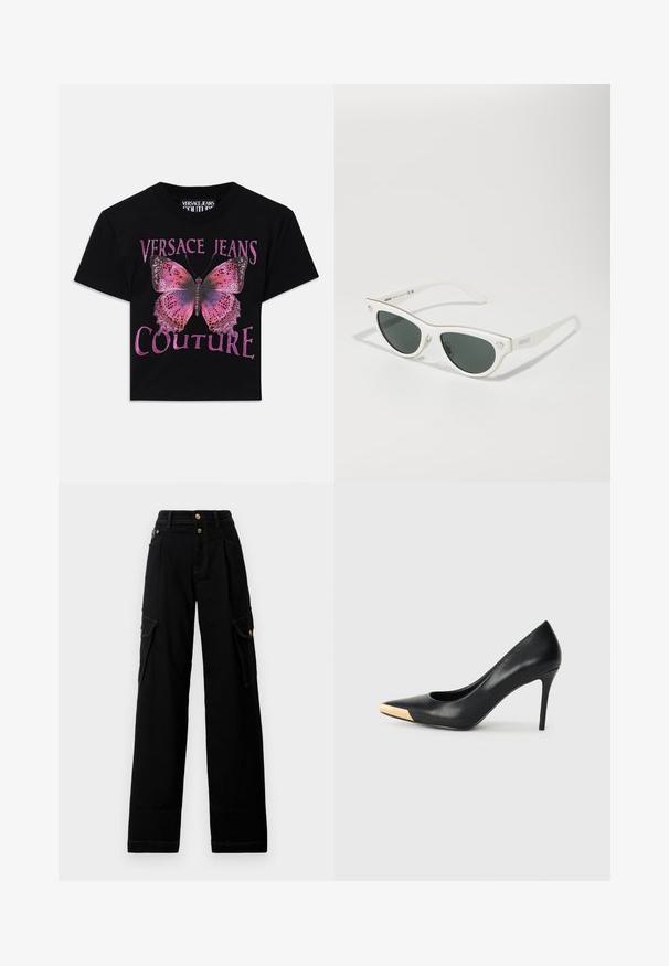 T-shirt de algodão preto com um grande gráfico de borboleta rosa com detalhes roxos e o texto "VERSACE JEANS COUTURE" em letras grandes e brilhantes.; Calças cargo largas e pretas com fecho de botão, passantes para cinto, bolsos laterais com aba e costura contrastante branca, dispostas sobre um fundo branco.; Pumpe de salto alto em couro preto com bico fino; apresenta um detalhe metálico dourado na biqueira. Superfície lisa com um design elegante.; Óculos de sol brancos em formato de gato com lentes escuras, detalhes em dourado na armação e logotipo na lateral. Material plástico liso.