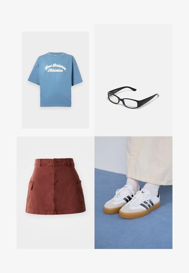 Modra bombažna majica s prostim krojem, z kratkimi rokavi in okroglo ovratnikom. Bel logo "New Balance Athletics" natisnjen na sredini.; Rdeča bombažna krila s strukturiranim dizajnom, ki vključuje pas, dve stranski žepi in šivano detajliranje. Gladka tekstura z rahlim sijajem.; Bele tene škornje s črnimi črtami in bež usnjenimi detajli. Imajo teksturirano gumijasto podplat in ravne bele vezalke, nosijo se z svetlimi nogavicami.; Črne pravokotne očala z prozornimi lečami. Sijajna površina, ožje ročke in vijolična barva, vidna na robovih leč.