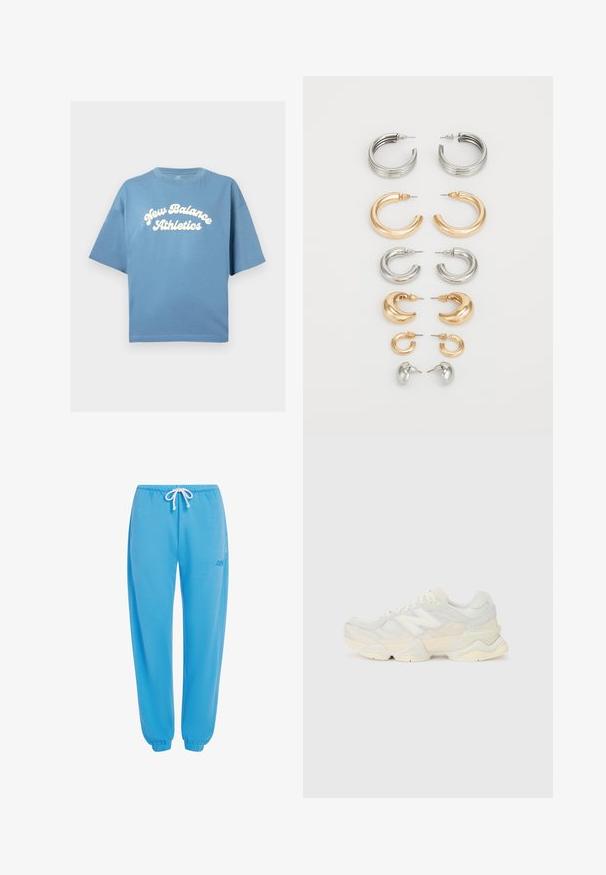 Blue cotton t-shirt with a loose fit, featuring short sleeves and a crew neckline. White "New Balance Athletics" logo centrally printed.; Blue jogger pants made of soft fabric, featuring an elastic waistband with adjustable drawstring and elastic cuffs at the ankles.; Lightweight sneaker featuring a mesh and suede upper in soft cream tones, with a chunky sole and three-dimensional accents.; Set of eight metal earrings in silver and gold tones. Includes various hoop styles, textures, and finishes, arranged by size.