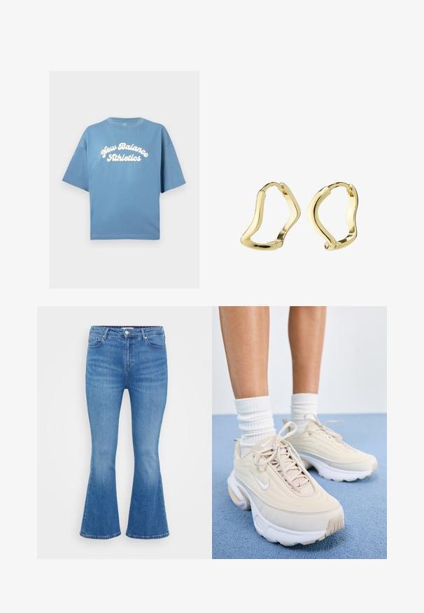 T-shirt en coton bleu avec une coupe ample, à manches courtes et col rond. Logo "New Balance Athletics" imprimé en blanc au centre.; Jean flare en denim bleu clair, avec taille haute, cinq poches et fermeture à bouton classique. Texture lisse avec un léger dégradé.; Baskets de sport beiges avec une tige texturée, des lacets blancs et une épaisse semelle blanche. Le design présente des courbes subtiles et un petit logo.; Boucles d'oreilles en or en forme de cerceau avec un design fluide et ondulé. Texture lisse, forme ouverte et sans fermoirs visibles. Apparence minimaliste et moderne.