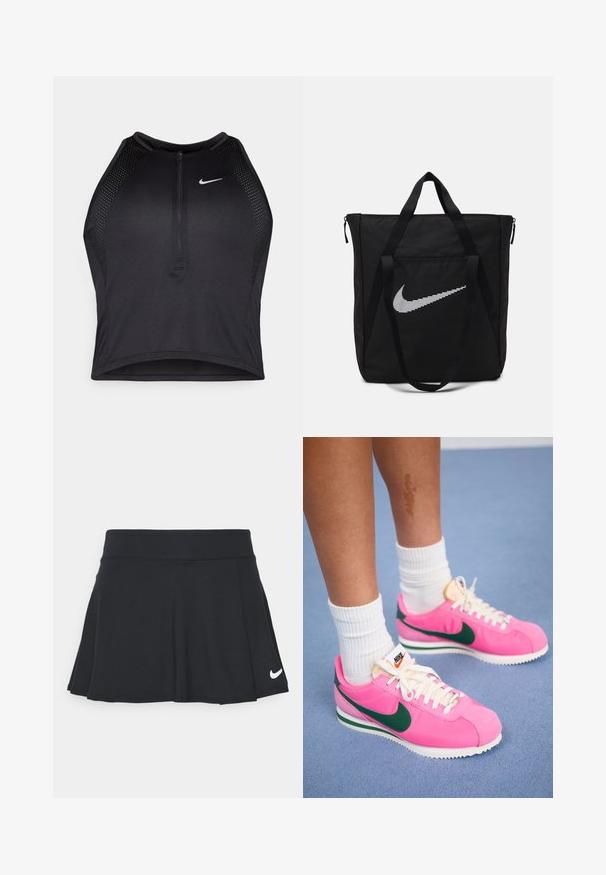 Fekete sportos crop top, elöl cipzárral, hálós kiegészítőkkel és testhez álló kialakítással. Rugalmas, lélegző anyagból készült. Nike logó elöl.; Nike Performance FLOUNCY - Sportszoknya - black/white; Rózsaszín Nike sportcipő zöld részletekkel, sima anyagból, fehér fűzőkkel és texturált talppal. A bokán felül látható fehér zoknik.; Fekete nejlon bevásárlótáska két erős fogantyúval és cipzárral. Jellemzője egy kiemelkedő fehér Nike pipa logó vízszintes csíkozott kialakításban.