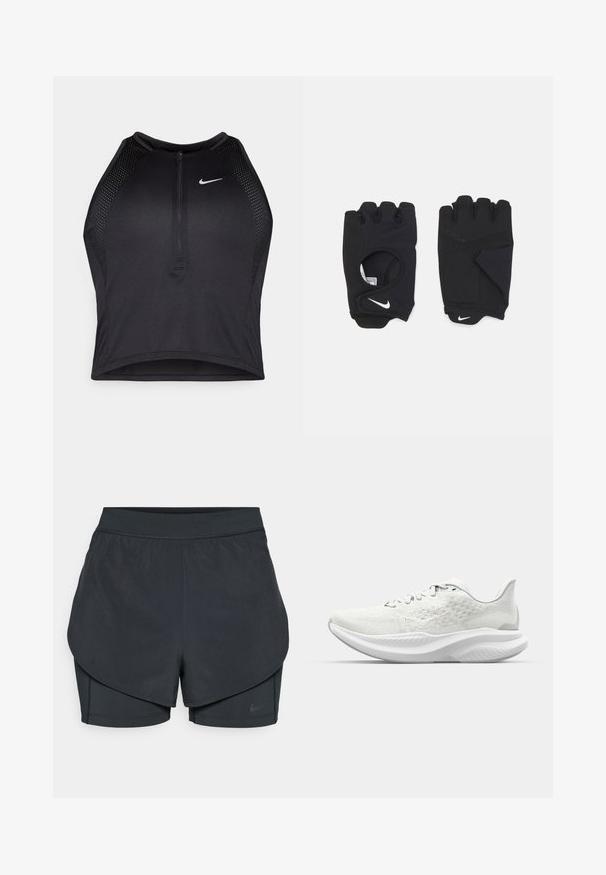 Top corto deportivo negro con cremallera frontal, detalles de malla y un diseño ajustado. Fabricado con tejido elástico y transpirable. Logo de Nike en la parte frontal.; Pantalones cortos deportivos negros con un diseño en capas, que cuentan con una capa exterior suave y pantalones cortos interiores ajustados. Fabricados con una tela ligera y elástica.; Zapatos deportivos blancos con una parte superior texturizada, diseño con cordones y una suela acolchada con un perfil ondulado. Marca sutil en el lado.; Guantes sin dedos negros hechos de material elástico, con un diseño de palma abierta, acentos antideslizantes y el logo de Nike en blanco.