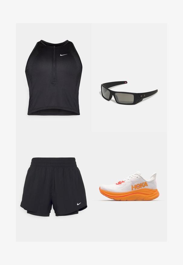 Must negra spordiline crop top, millel on lukk ees, võrgukangast detailid ja vormiv disain. Valmistatud venivast ja hingavast kangast. Nike logo ees.; Mustad mustad lühikesed püksid kokkutõmmatava elastse vöökohtadega, sisemise voodriga ja valge Nike logo alumises vasakus nurgas. Sile, kerge kangas.; Valge jooksuking, millel on oranž pehmendus ja punased aksendid. Omab võrguga ülemist osa, logo külgedel ja paksu, tekstuuriga talda.; Mustad mustaga viimistlusega prillid, ristkülikukujulised läätsed, templite kerge kõverus, diskreetne logo detail ja suitsutatud läätsed.