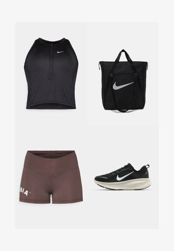 Crni sportski crop top s patentnim zatvaračem, mrežastim detaljima i prilagođenim dizajnom. Izrađen od rastezljivog, prozračnog materijala. Nike logo na prednjoj strani.; Smeđe sportske kratke hlače s visokim strukom, rastezljivim materijalom i bijelim logotipom s lijeve strane. Glatka tekstura i prilagođeni dizajn.; Crne Nike trkačke tenisice s prozračnom mrežastom gornjom konstrukcijom, bijelim swoosh logotipom, teksturiranim detaljima i kremastom ZoomX srednjom potplatnom jedinicom.; Crna najlon torba s dvije čvrste ručke i zatvaranjem na patentni zatvarač. Ima istaknutu bijelu Nike swoosh oznaku u horizontalnom prugastom dizajnu.