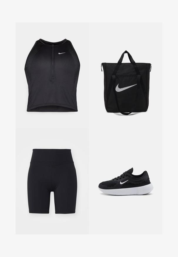 Melnā sportiskā augšdaļa ar rāvējslēdzēju priekšpusē, acs akcenti un pieguloša dizaina. Izgatavota no elastīga, elpojoša auduma. Nike logo priekšpusē.; Melni augstās vidukļa sporta šorti, izgatavoti no elastīga materiāla, ar plakano šuvju tehnoloģiju un bikšu garumu līdz vidusceļam. Bez rakstiem vai akcentiem.; Melna sporta apava ar acs audumu augšdaļu, teksturētu dizainu, apaļu purngalu, baltu gumijas zoli un Nike logotipu sānos.; Melna neilona koferis ar divām izturīgām rokturiem un ar rāvējslēdzēju. Tam ir izteikts balts Nike swoosh logotips horizontāli svītrainā dizainā.